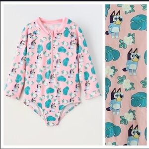 Zara Girls Bluey Pink Blue Rashguard Swimsuit 2t